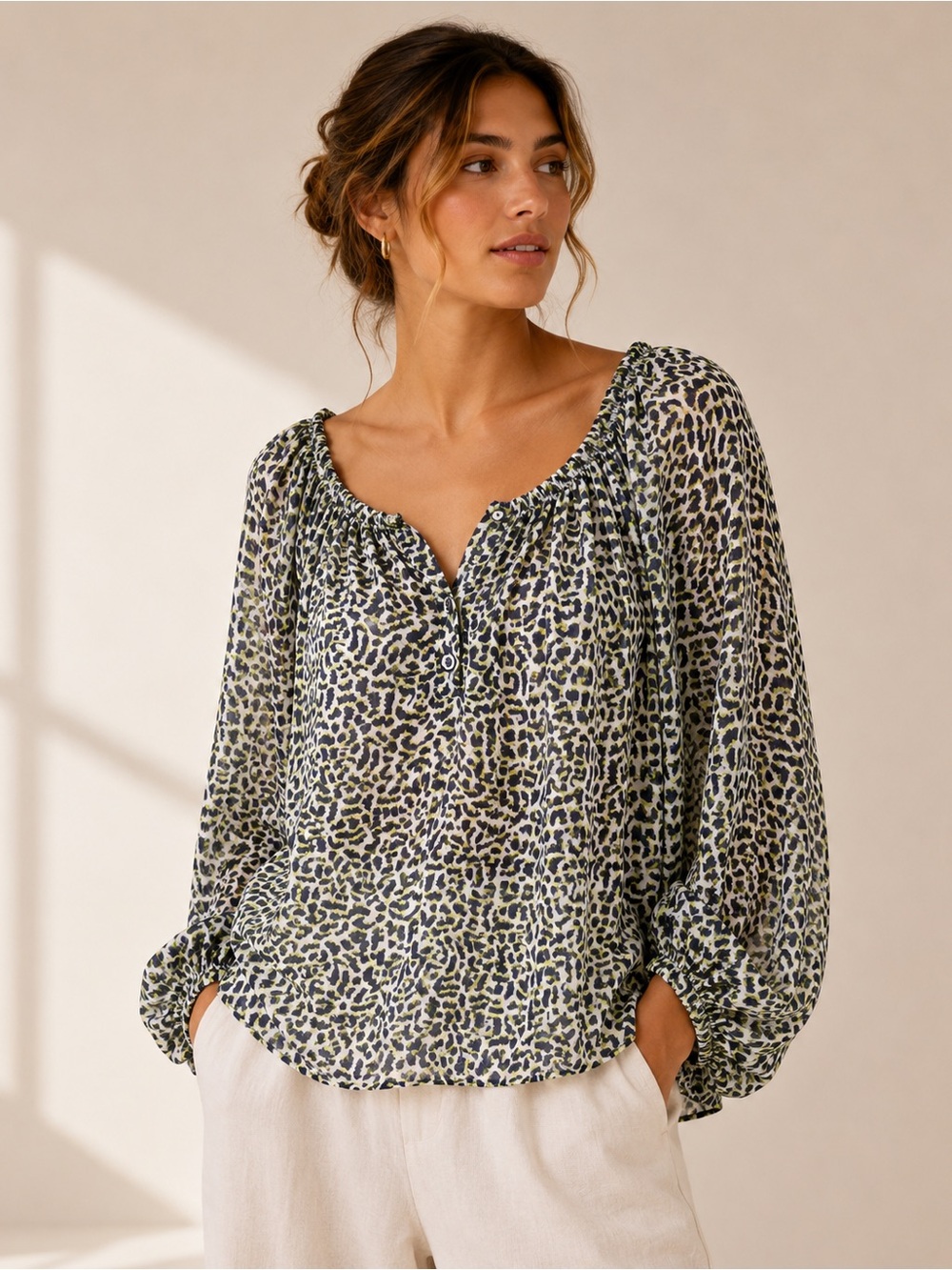 Liz Claiborne Leopard Print Peasant Blouse in Olive Green